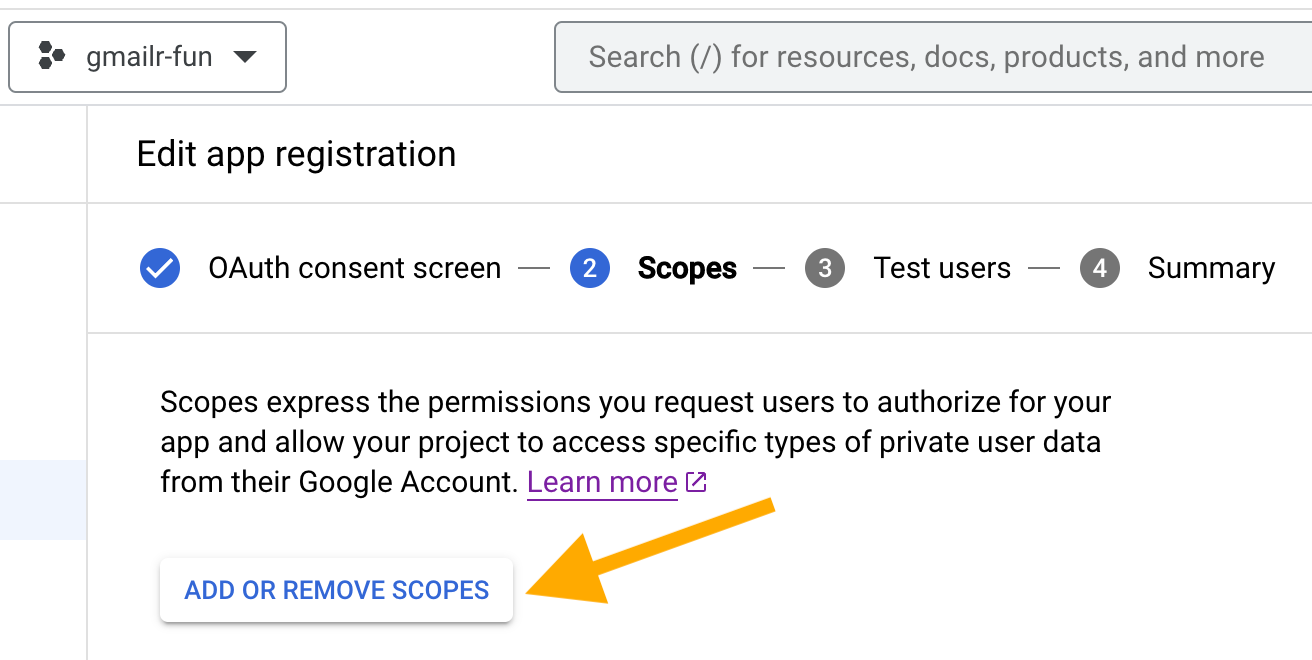 Screenshot with an arrow pointing at the 'ADD OR REMOVE SCOPES' button.