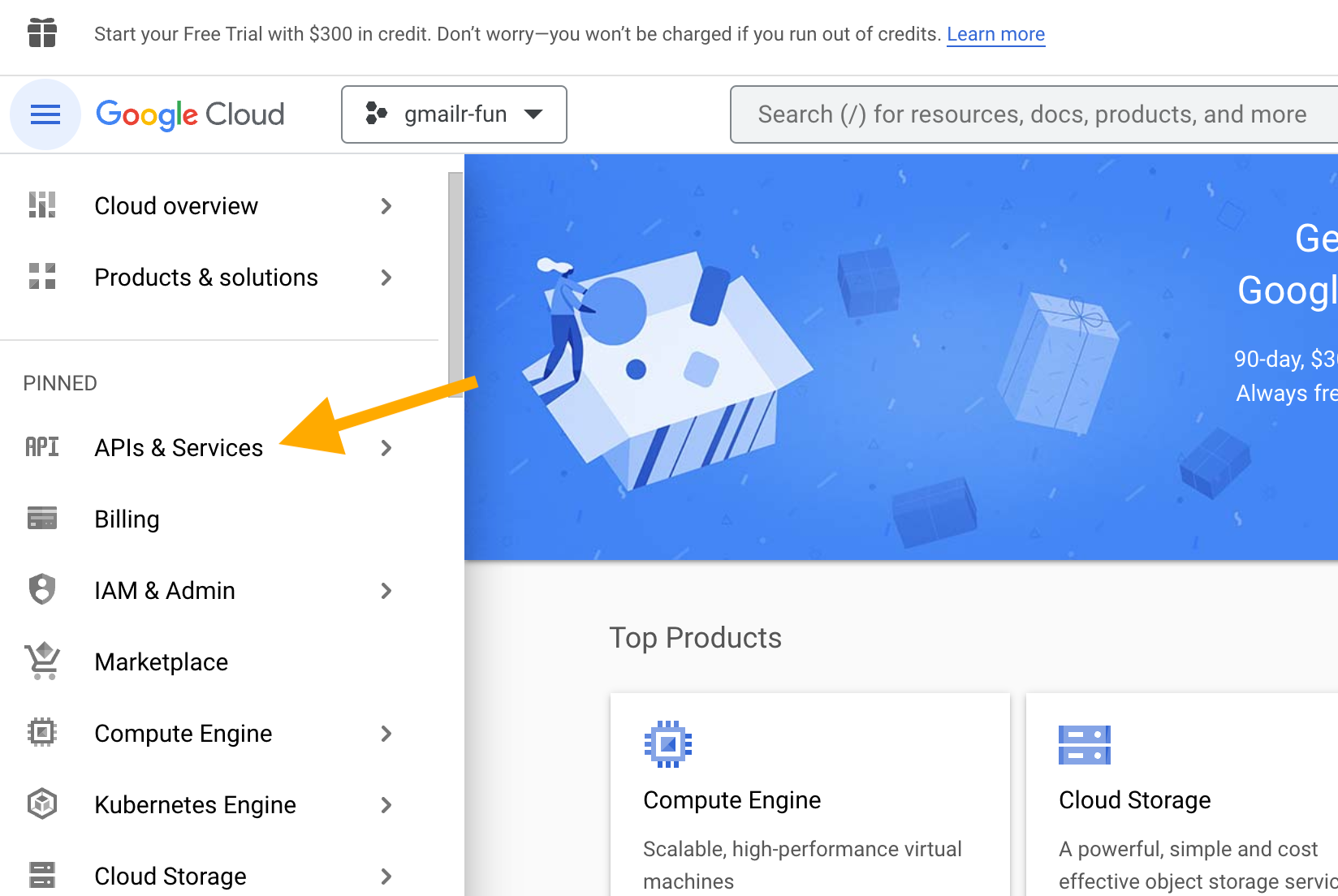 Screenshot with an arrow pointing at 'APIs & Services' in a left sidebar.