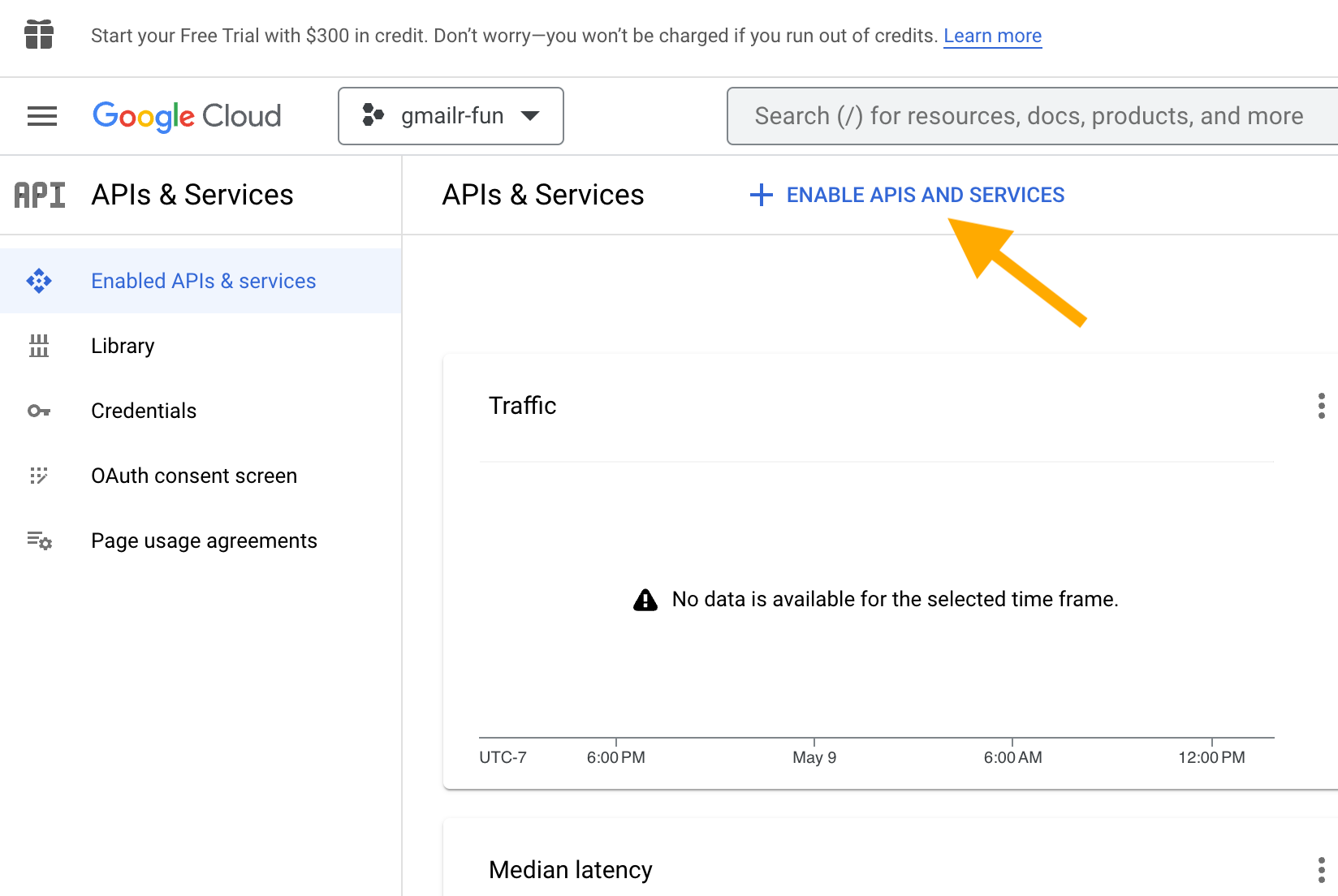 Screenshot with an arrows pointing at the '+ ENABLE APIS AND SERVICES' button.