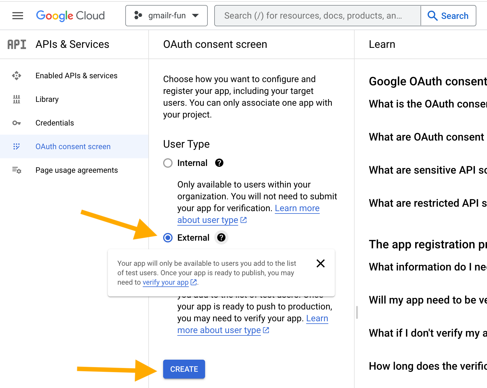 Screenshot with an arrow pointing at a filled radio button indicating the 'External' user type and an arrow pointing at the 'CREATE' button.