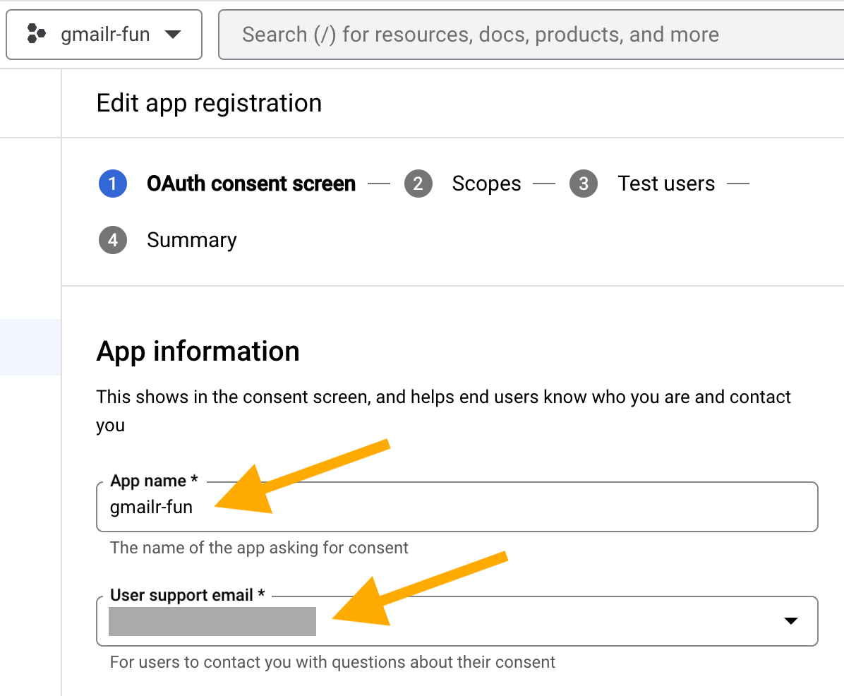 Screenshot with arrows pointing at the boxes where a user enters 'App name' and 'User support email'.