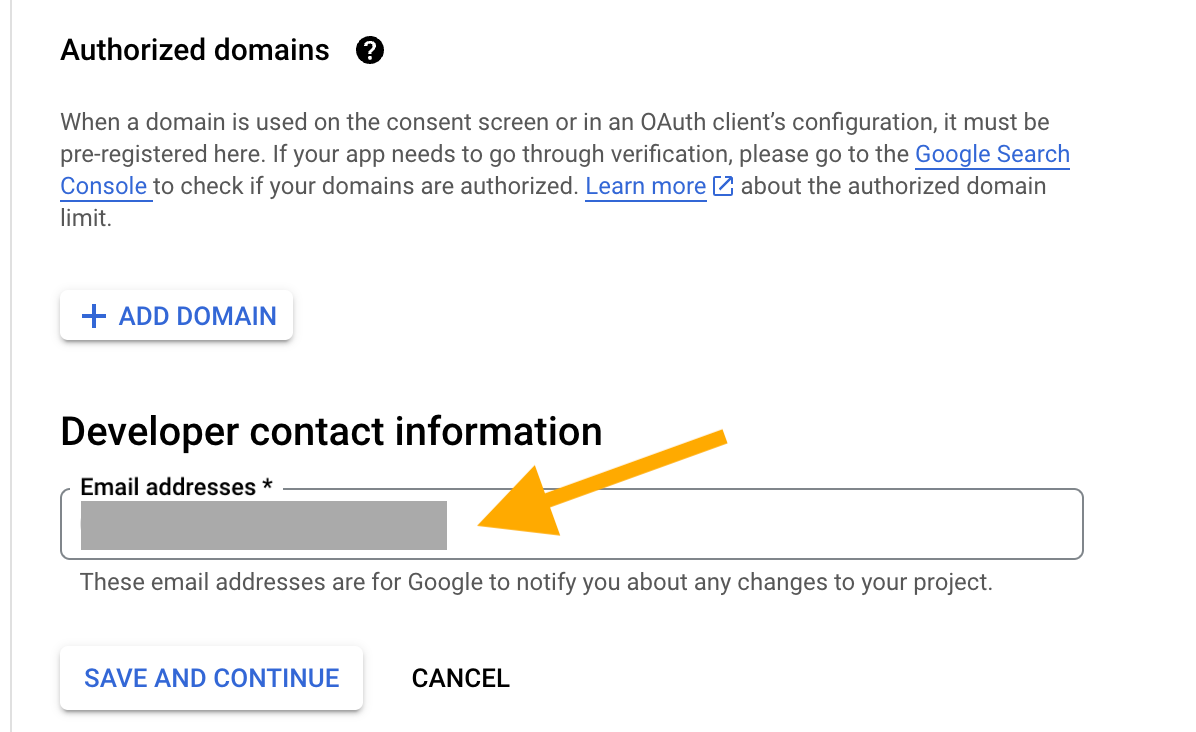 Screenshot with an arrow pointing at the box where a user enters an email address as 'Developer contact information'.
