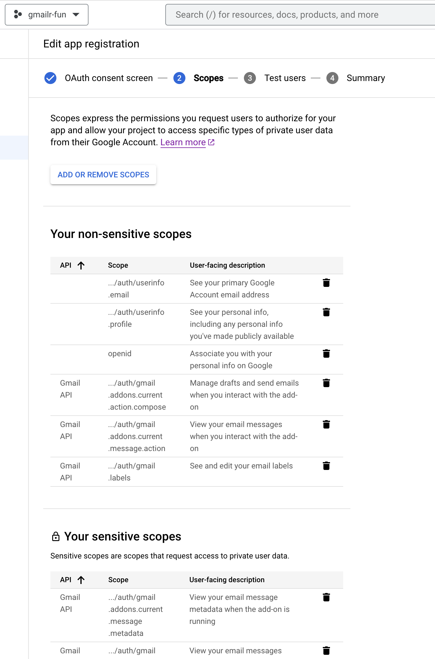 Screenshot of the Scopes page listing the many scopes are now added to the app.