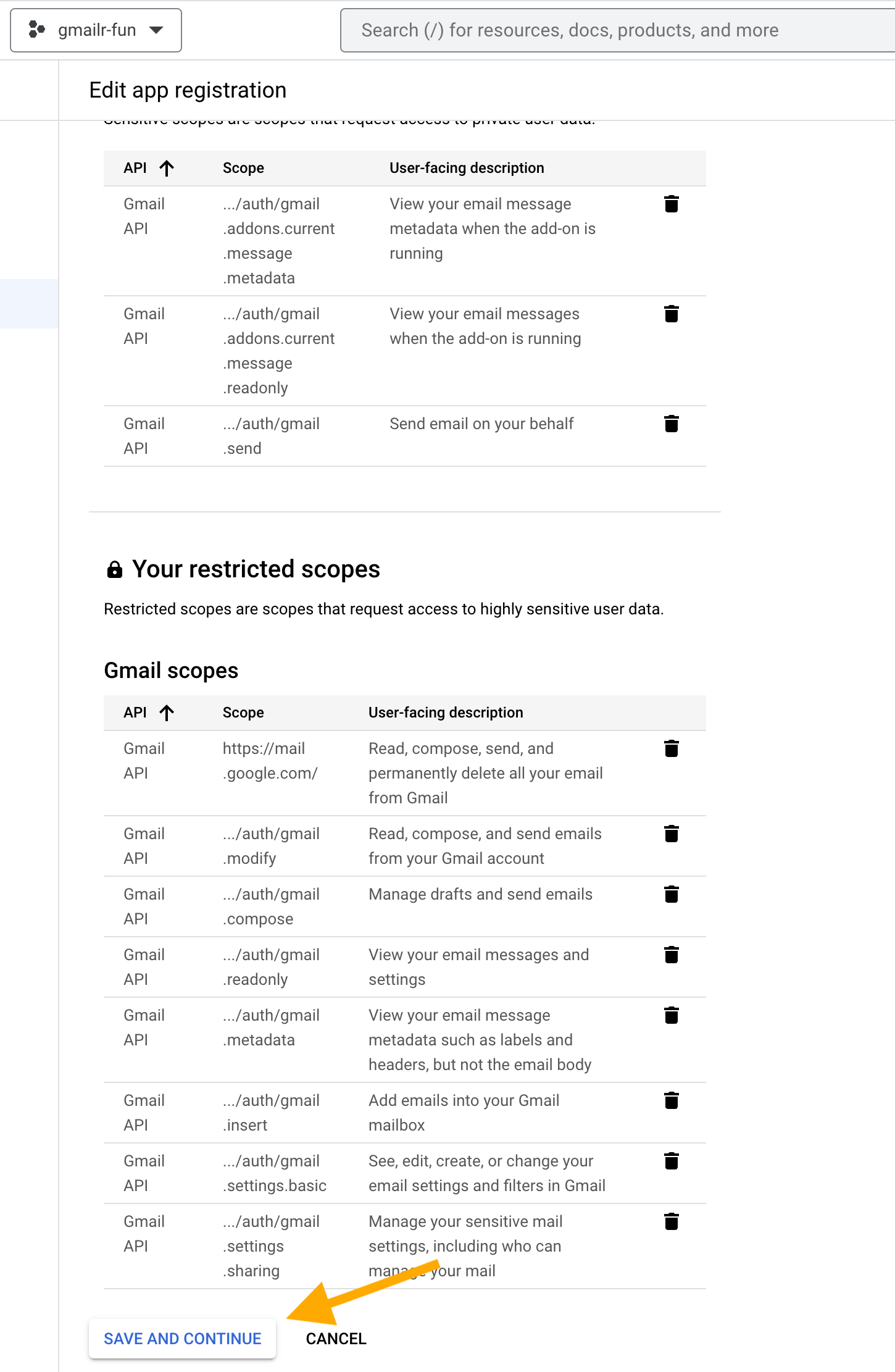 Screenshot with an arrow pointing at the 'SAVE AND CONTINUE' button.