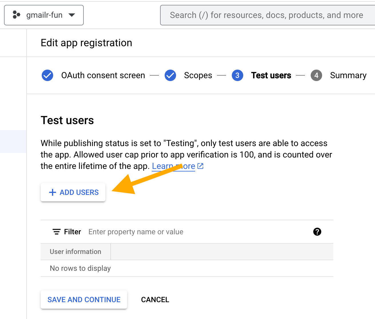 Screenshot with an arrow pointing at the '+ ADD USERS' button.