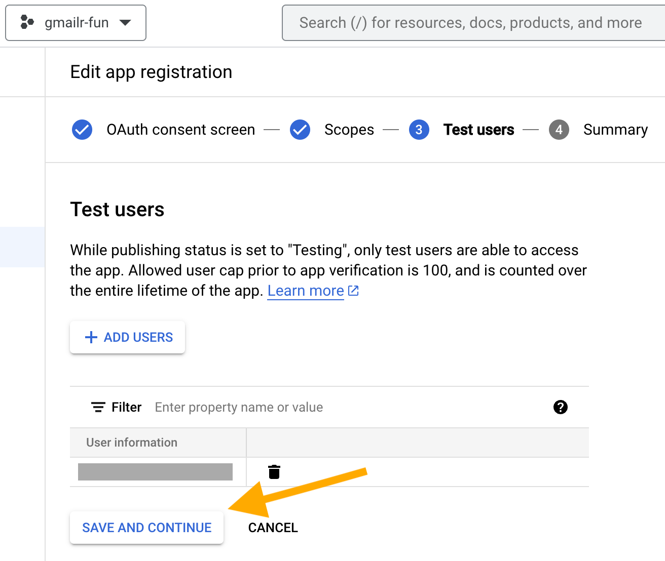 Screenshot that shows 1 user under 'User information', where the email address is obscured by an opaque rectangle. THere is an arrow pointing at the 'SAVE AND CONTINUE' button.
