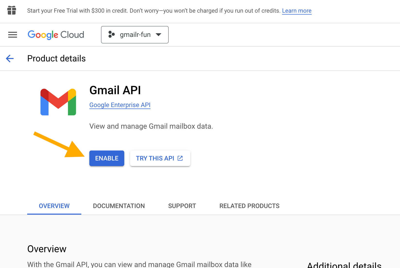 Screen for the Gmail API with an arrow pointing at the 'ENABLE' button.