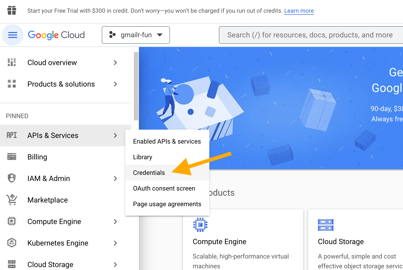 Screenshot with an arrow pointing at 'Credentials' in a menu accessed by clicking on 'APIs & Services' in a left sidebar.