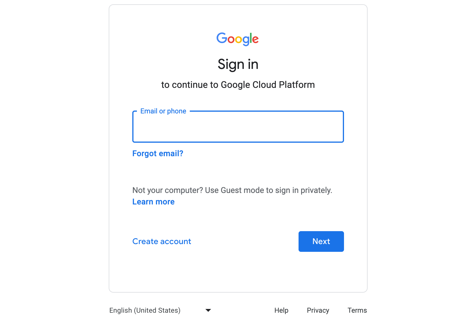 The sign in page for Google Cloud Platform. The 'Email or phone' box is selected and ready for user input. In the lower left is a 'Next' button.
