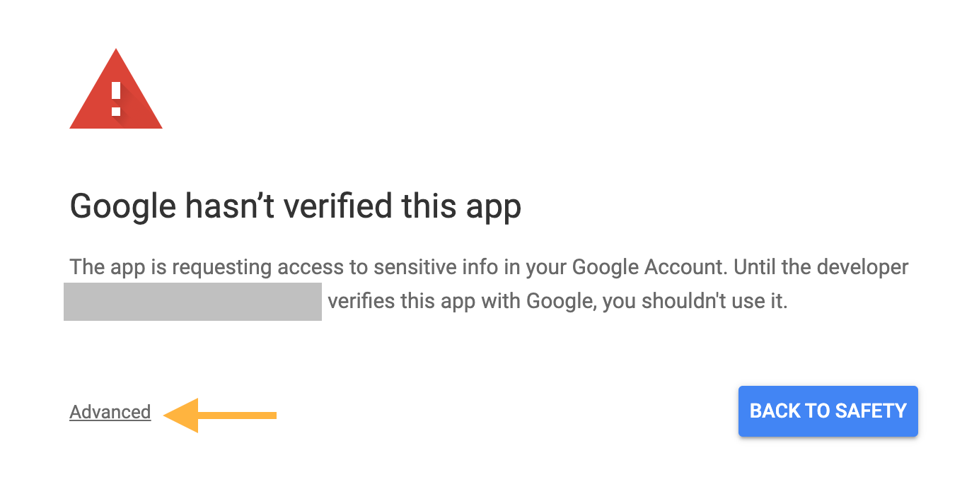 Screenshot of a pop-up titled 'Google hasn't verified this app'. There is an arrow pointing at the 'Advanced' button.