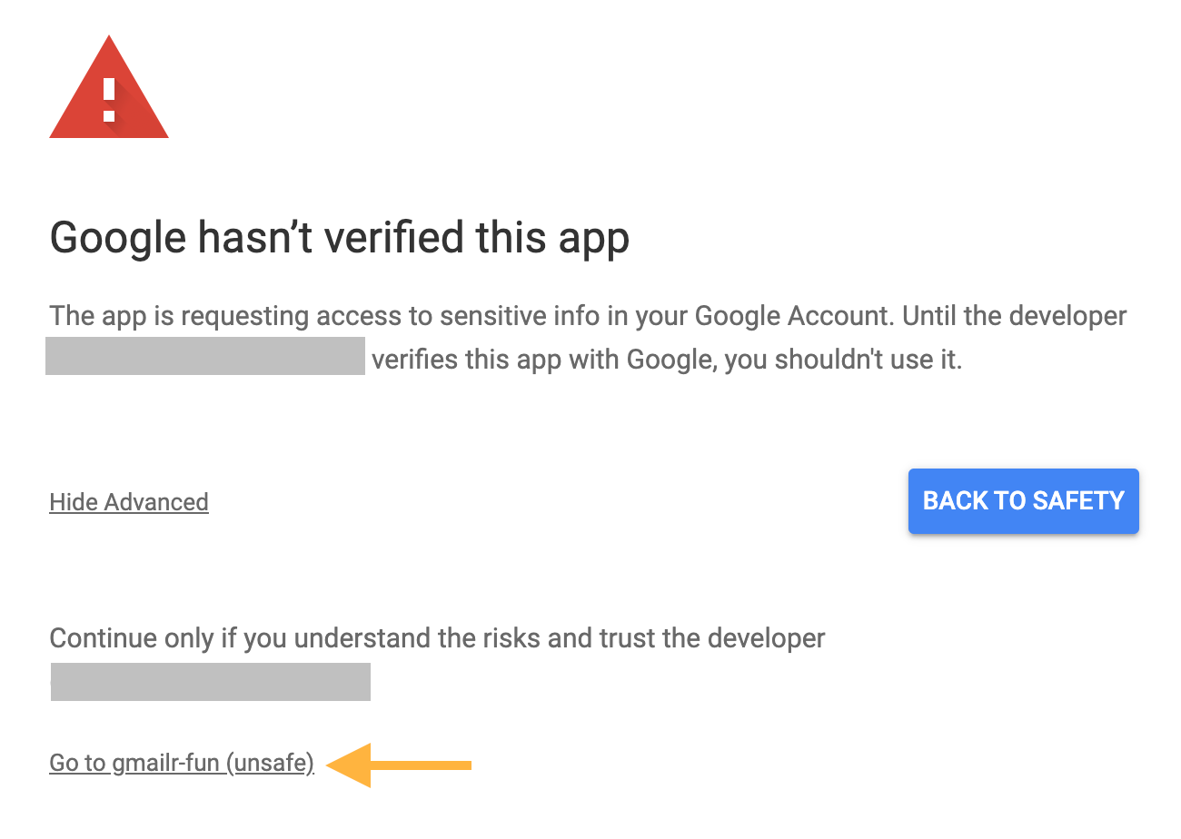 Screenshot of a pop-up titled 'Google hasn't verified this app'. There is an arrow pointing at the 'Go to YOUR-PROJECT-NAME (unsafe)' button.