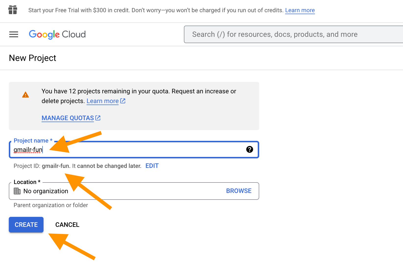 The 'New Project' screen with a box where the user enters the Project name and a 'CREATE' button. There are arrows pointing at this box, this button, and the Project ID.