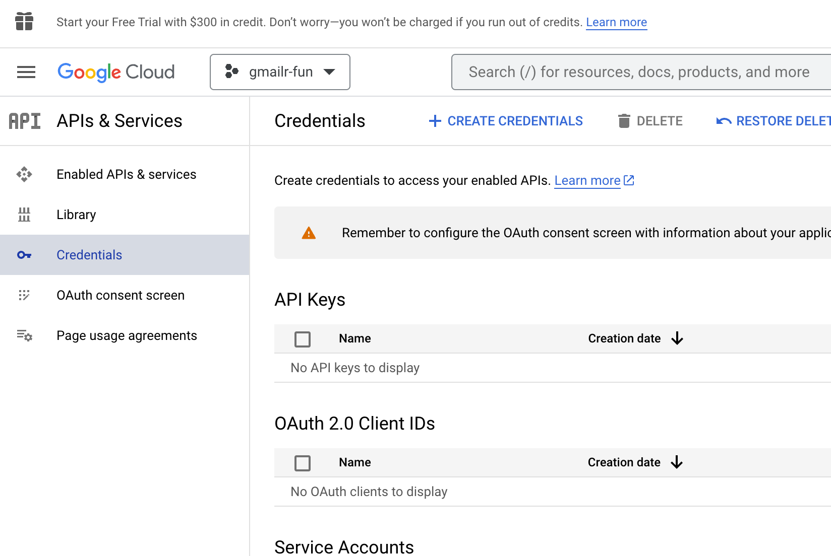 Screenshot of the 'Credentials' page when there are no existing credentials.