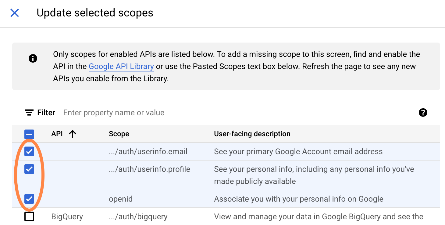 Screenshot showing three checked checkboxes for 3 scopes.