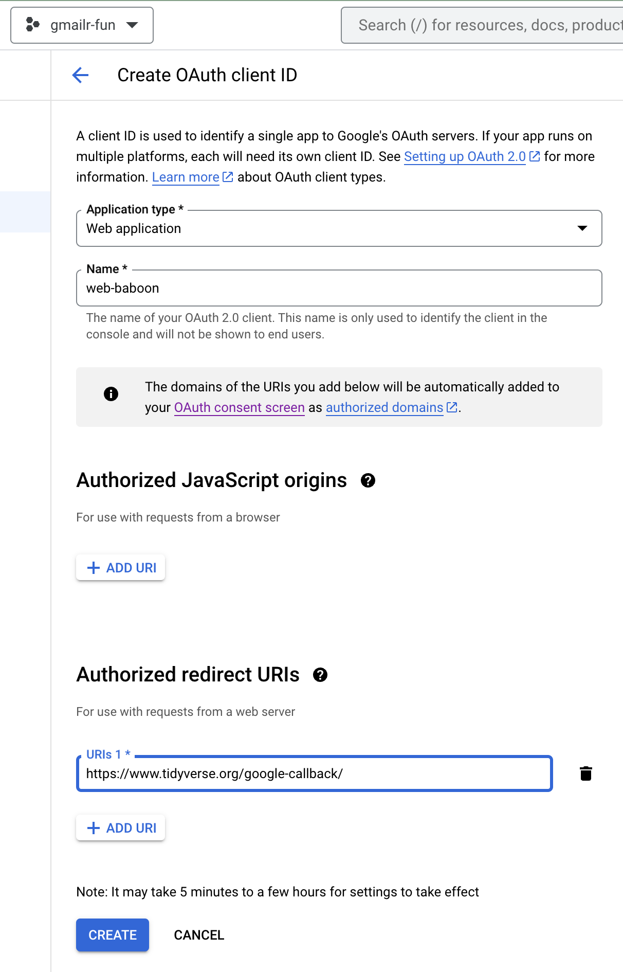 Screenshot of the 'Create OAuth client ID' screen with 'Web application' selected as the Application type and 'web-baboon' filled in the 'Name' box. There are arrows pointing at the 'Name' box and the 'CREATE' button.