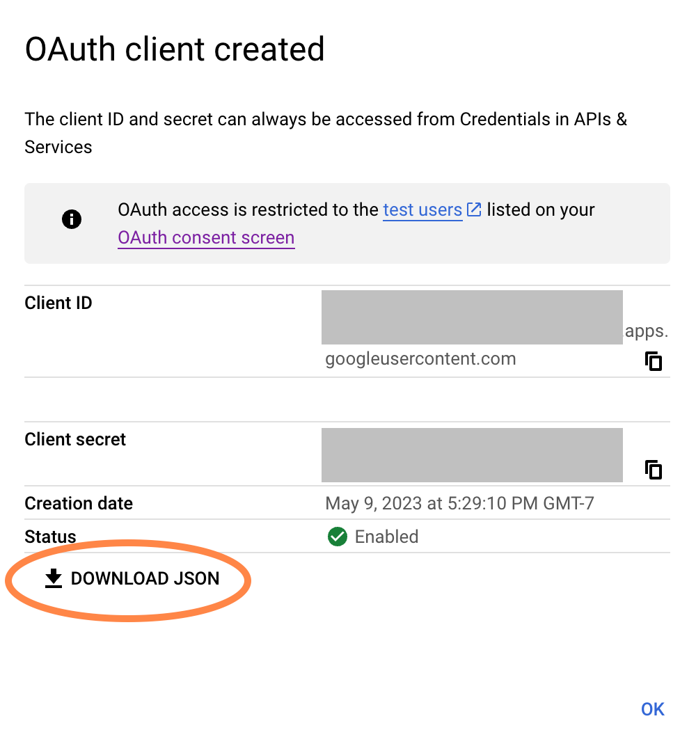 Screenshot of the 'OAuth client created' pop-up, with a large oval highlighting the 'DOWNLOAD JSON' button.