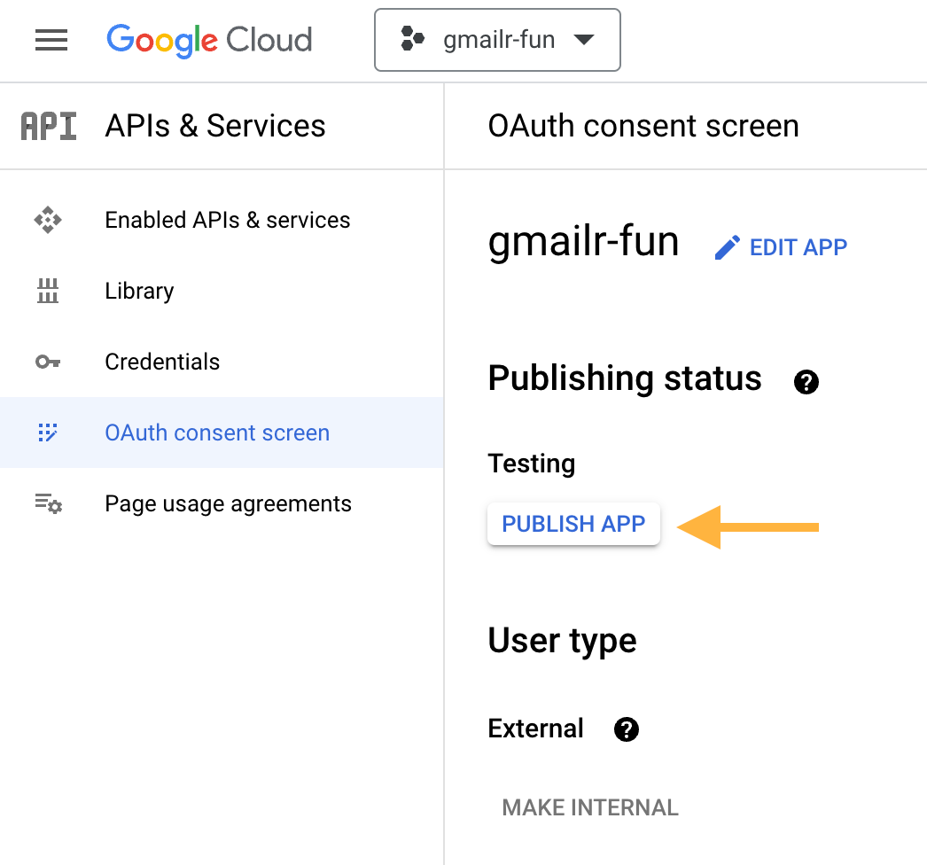 Screenshot of the configuration of the OAuth consent screen. There is an arrow pointing at the 'PUBLISH APP' button in the Publishing status section.