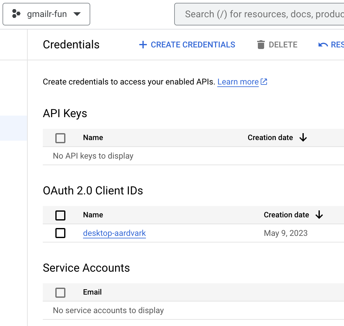 Screenshot of the 'Credentials' screen showing 1 existing OAuth 2.0 Client ID named 'desktop-aardvark'.