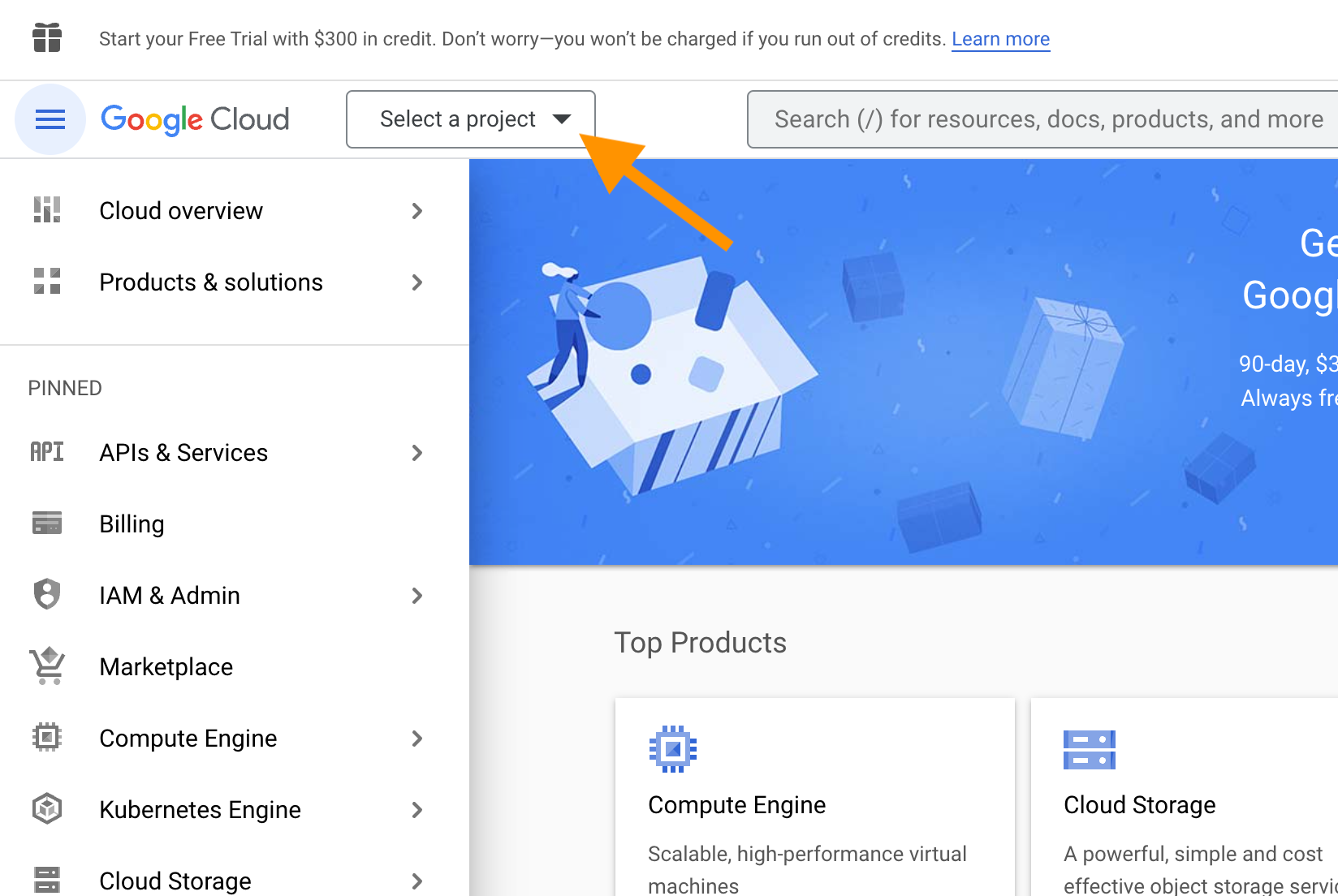 Screenshot with an arrow pointing at the 'Select a project' button, which is in the upper left, next to 'Google Cloud'.