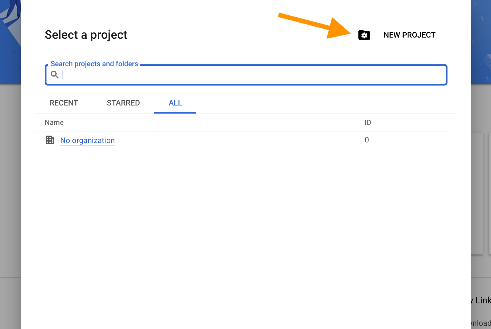The 'Select a project' with an arrow pointing to the 'NEW PROJECT' button.