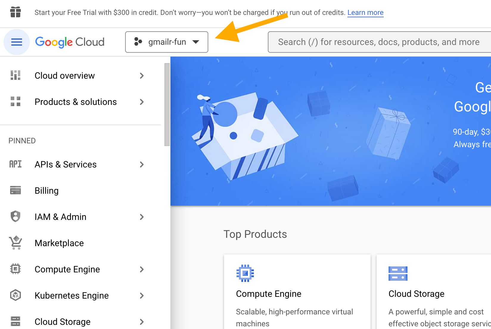 The button that previously said 'Select a project' for a new user now says 'gmailr-fun', which is the name of the target project.