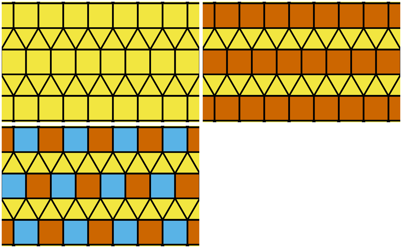 Three different uniform colorings of an elongated triangular tiling