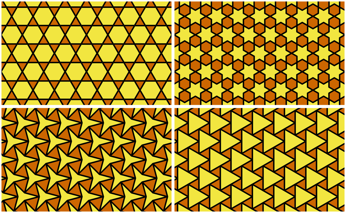 A trihexagonal tiling plus 'star6', 'star3', and 'convex3' variations