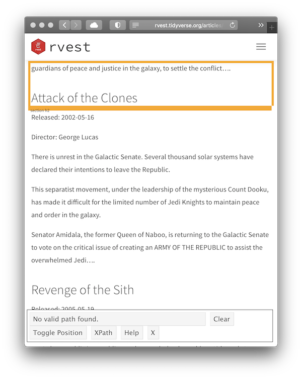 A screenshot of the starwars vignette with an orange box drawn around the top few lines of the page. SelectorGadget reports "no valid path found"