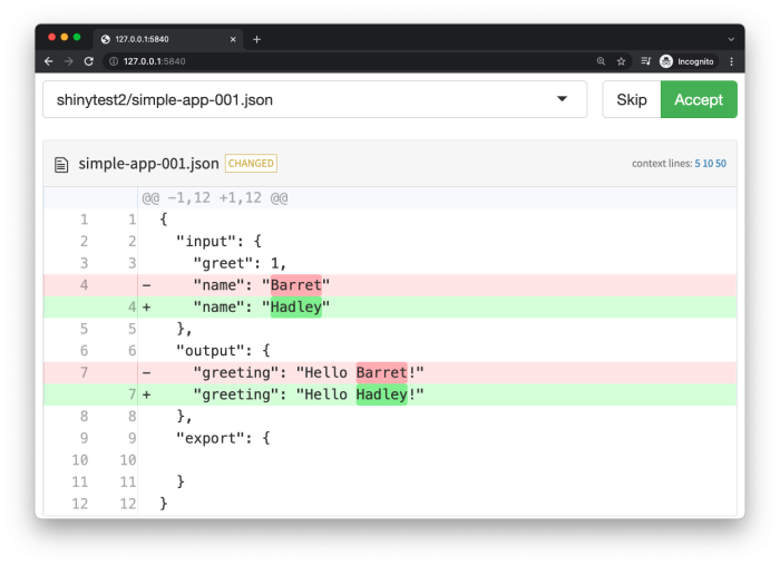 Screenshot of the testthat snapshot review interface (diffviewer) showing side-by-side comparison of expected and actual test results