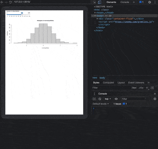 Animated GIF showing gremlins.js monkey testing in action, with random automated interactions being performed on a Shiny app including clicks, scrolls, and other user actions simulated by the gremlins