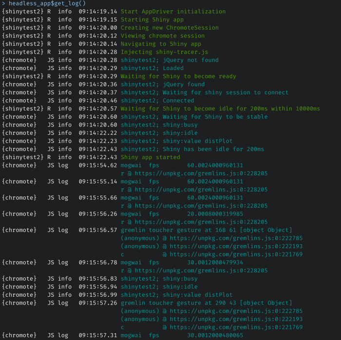 Screenshot showing console.log output from gremlins.js monkey testing, displaying detailed logging information that can be captured by shinytest2's get_logs() method for debugging and refining test scripts