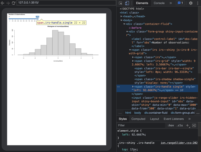 Screenshot of a Shiny app with a slider input being highlighted, demonstrating how to target specific UI elements for focused monkey testing with the toucher species
