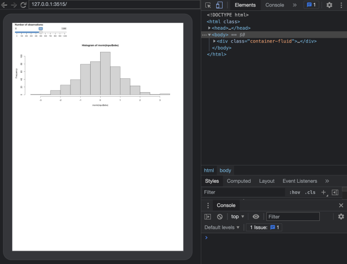Screenshot of a browser developer tools window with three panels: the Shiny application on the left showing a slider input, the DOM elements inspector in the top-right panel, and the JavaScript console in the bottom-right panel
