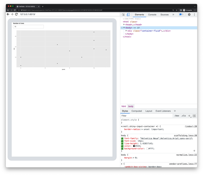 Screenshot of a Shiny app displaying a scatter plot with slider controls, demonstrating how exported values like plot objects and data can be tested using shinytest2