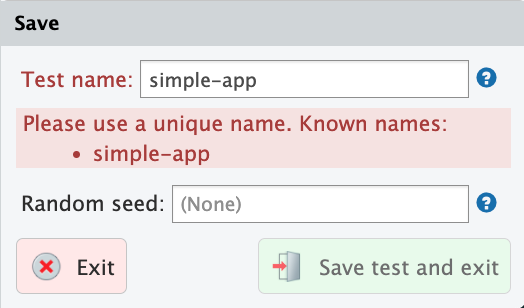 Screenshot of the test recorder interface showing a dialog for entering a custom name for the test being recorded