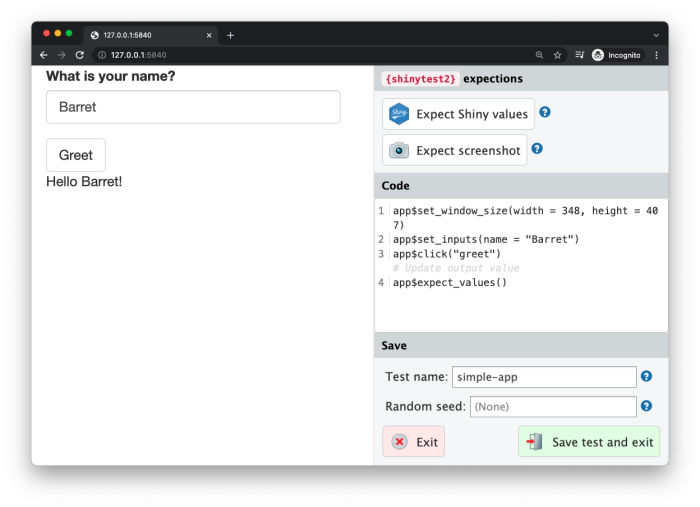 Screenshot of the test recorder interface showing the app and recorder sidebar with recorded test code including expect_values() assertion
