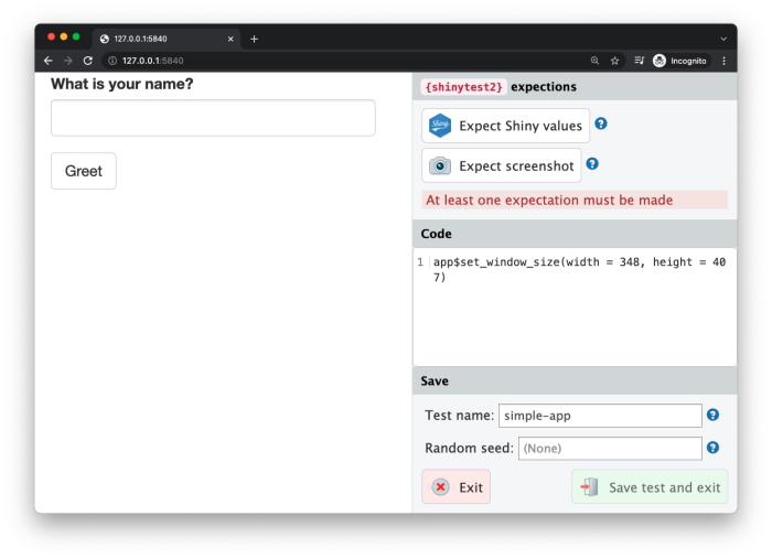 Screenshot of the shinytest2 test recorder interface showing the target app on the left side with a 'What is your name?' input field and the recorder app sidebar on the right side with recording controls