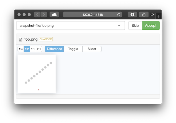 Screenshot of the Shiny app for reviewing snapshot changes to images. It shows the changes to a png file of a plot created in a snapshot test. There is a button to accept the changed snapshot, or to skip it.